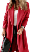 Womens Classic Coat Lapel Collar Open Front Belted Long (Style ZJGS)