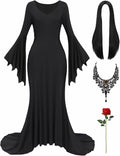 Halloween Costume Women Long Black Gothic Dress with Wig - 5pc Set