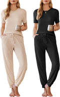 Womens 2 Pack Pajama Jogger Sets - Soft Short Sleeve Loungewear