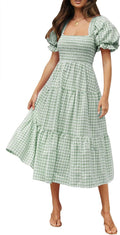 Bohemian Plaid Square Neck Puff Sleeve Midi Dress - Flowy Summer Style