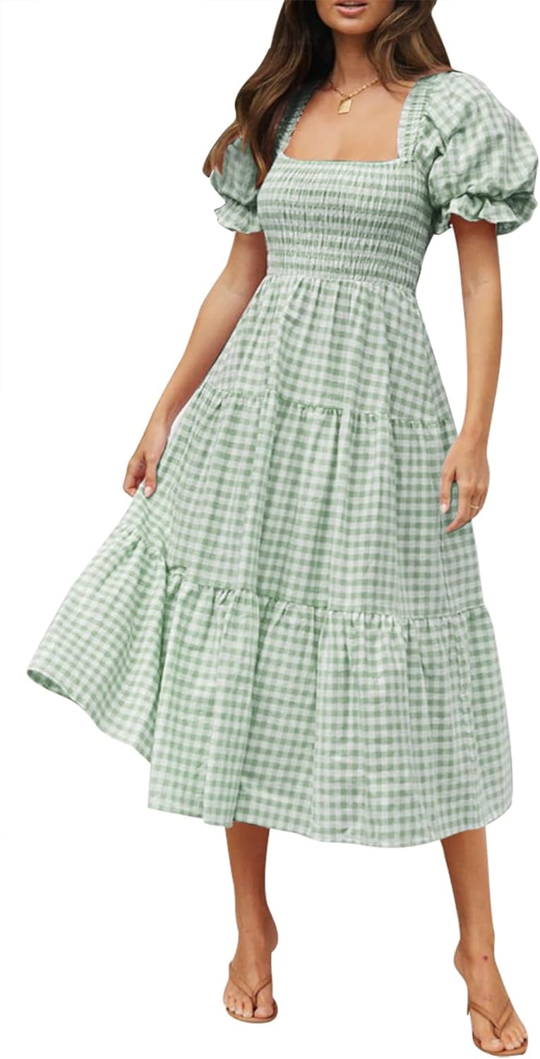 ZESICA Women's Bohemian Summer Midi Dress with Puff Sleeves