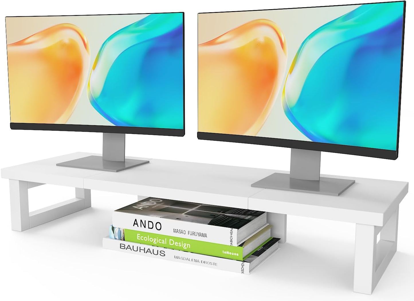 Dual Monitor Stand Riser for 2 Monitors, Wood and Steel Design