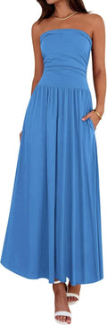 BTFBM Strapless Ruched Maxi Dress for Women - Flowy Beach to Party