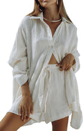 Fixmatti Women 2 Piece Outfits Button Down Blouse and Shorts Set long