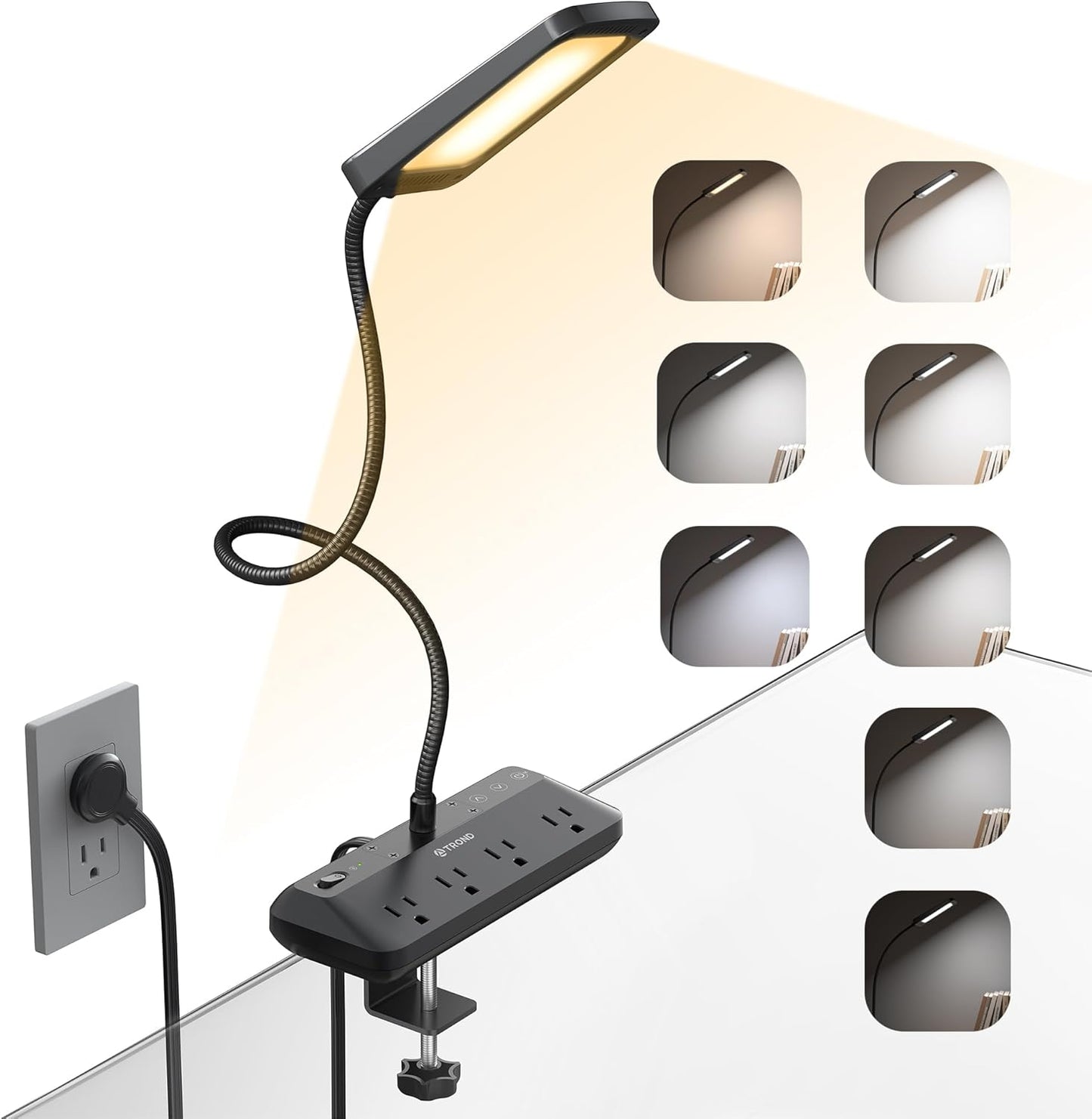 TROND LED Desk Lamp with Clamp and Power Strip for Home Office