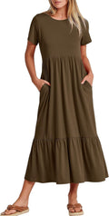 Womens Summer Maxi Dress Casual Tiered Flowy Short Sleeve - Versatile