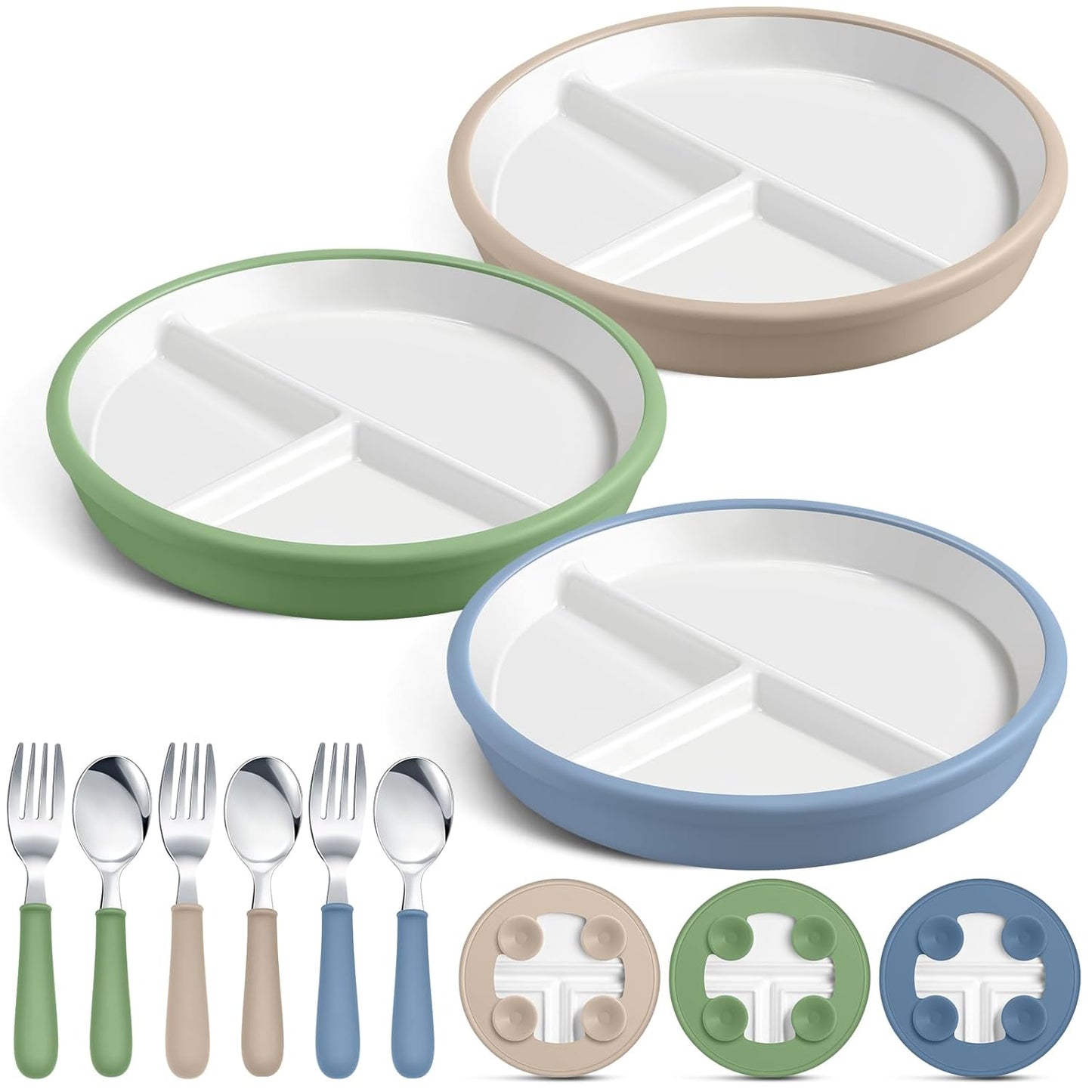 3 Pack 8 in Large Porcelain Toddler Plates Feeding Set