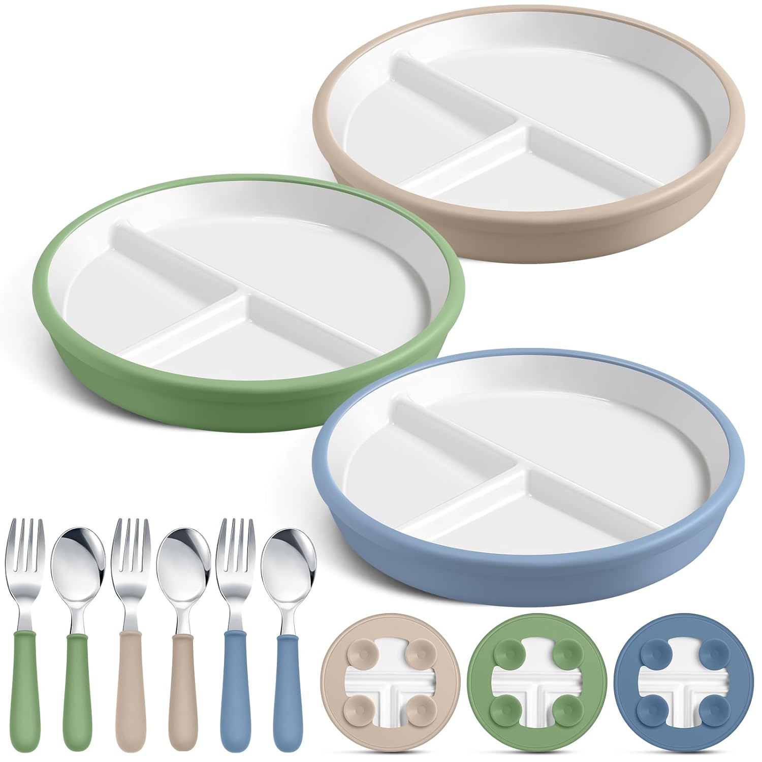 3 Pack 8 in Large Porcelain Toddler Plates Feeding Set