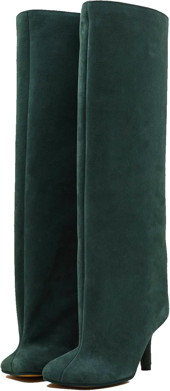 Women's Knee High Suede Boots with Square Toe and Stiletto Heels