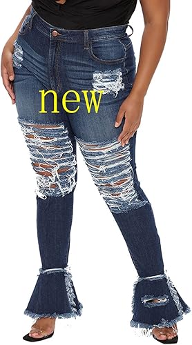 HannahZone Womens Ripped Bell Bottom Plus Size Jeans for Comfort