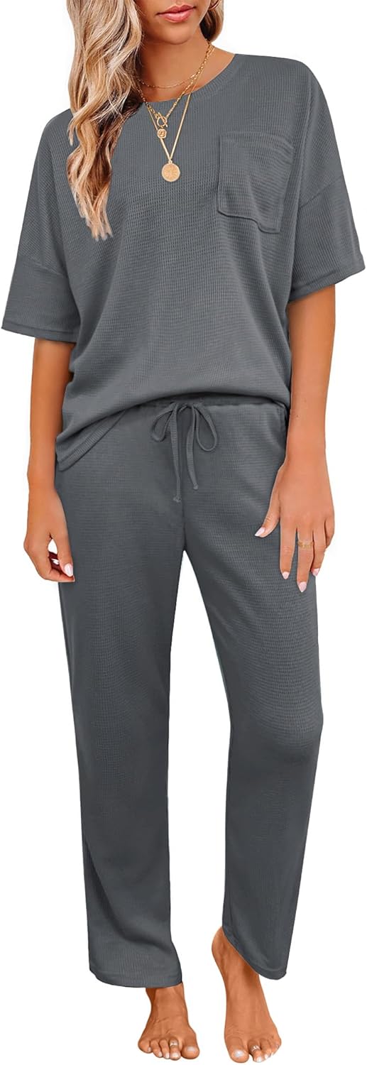 Womens Pajama Sets Waffle Knit Short Sleeve Shirt and Pants