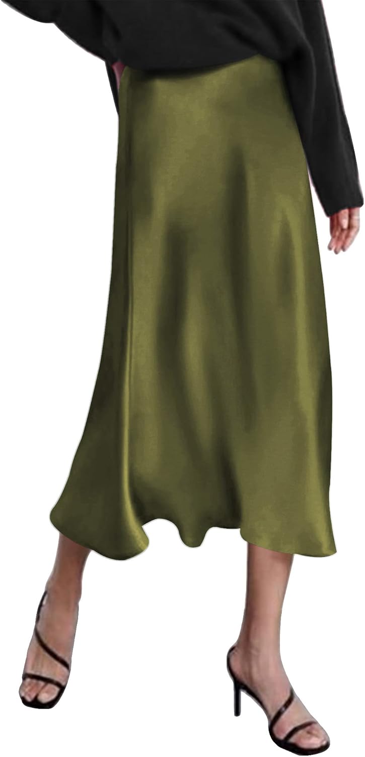 Elegant High Waist Satin Midi Skirt for Women by Zeagoo
