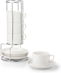 8 Ounce Porcelain Cappuccino Cups with Saucers and Stand - Stackable
