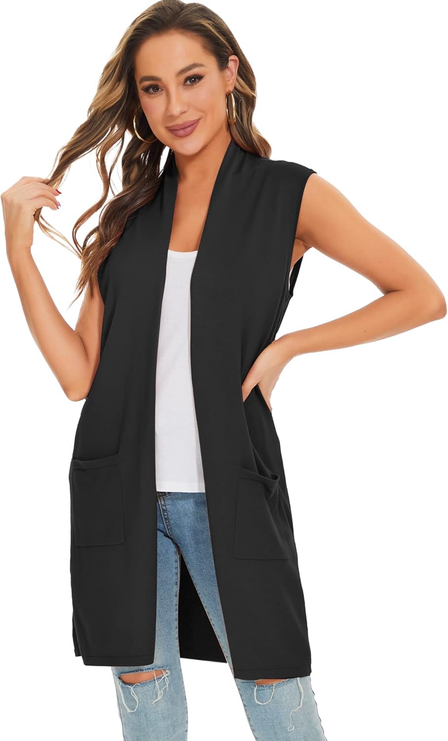 Moss Rose Women's Long Knit Cardigan Vest for Casual Style
