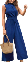 Womens Floral Maxi Jumpsuit with Pocket Mock Neck Wide Leg