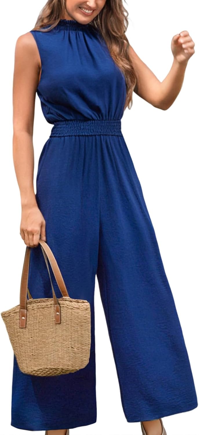 Womens Floral Maxi Jumpsuit with Pocket Mock Neck Wide Leg
