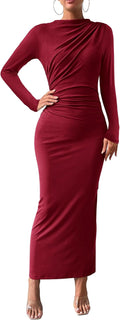 Bodycon Maxi Dress Long Sleeve Back Slit Ruched - Elegant Fit Spring