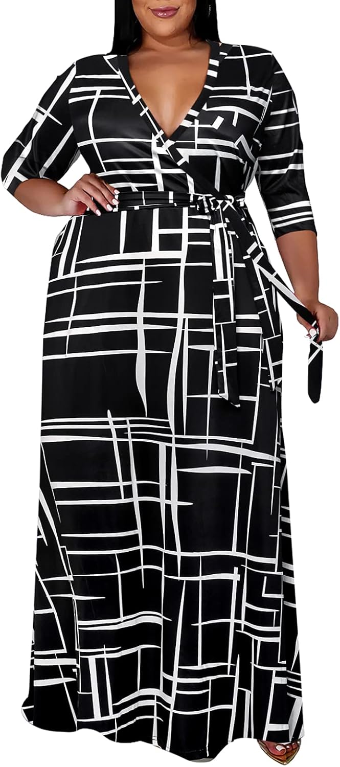 Runwind Plus Size Floral Maxi Dress with Belt for Women