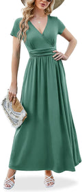 ANRILITA Maxi Dress for Women Wrap V Neck with Pockets - Pleated