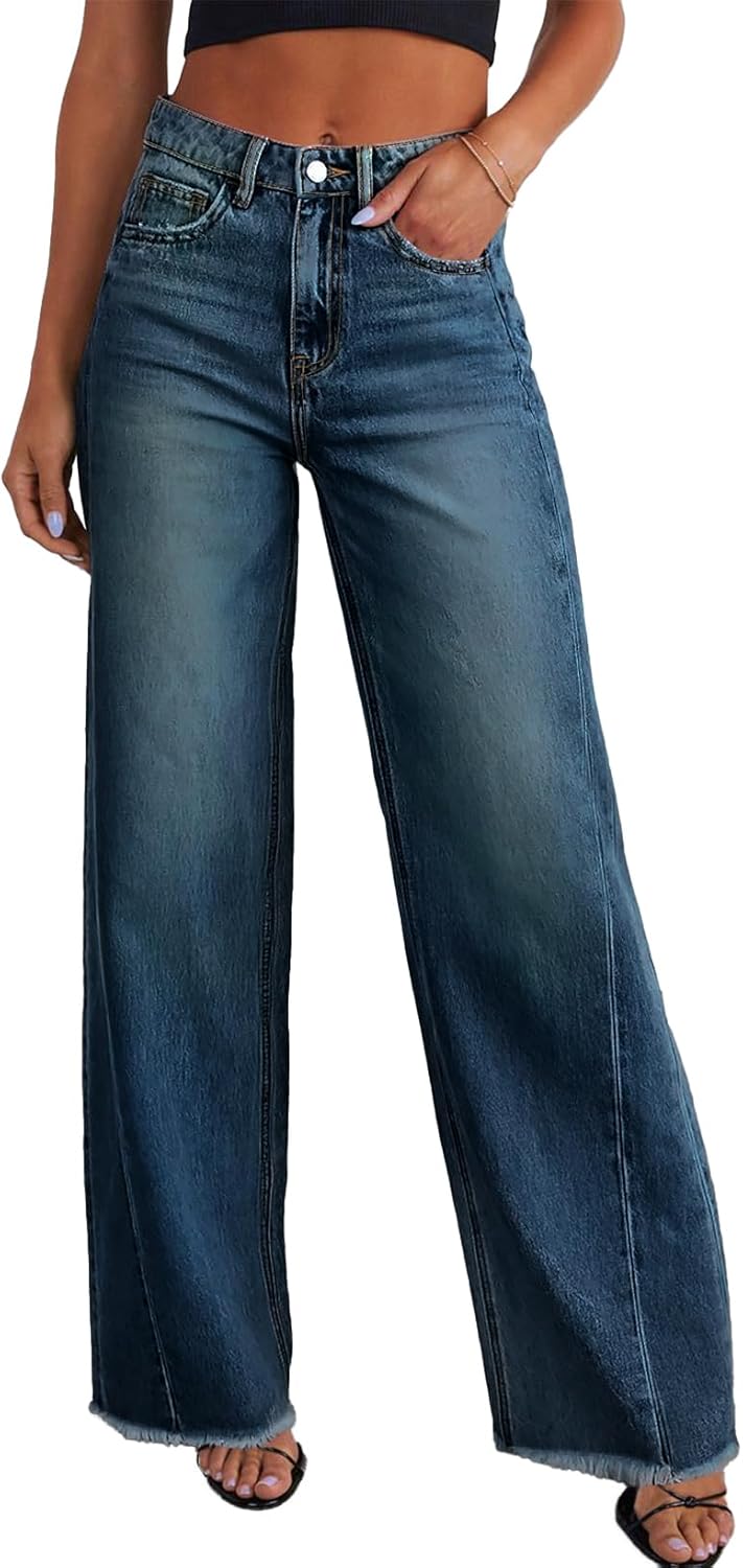 Wide Leg High Waisted Raw Hem Jeans for Effortless Style