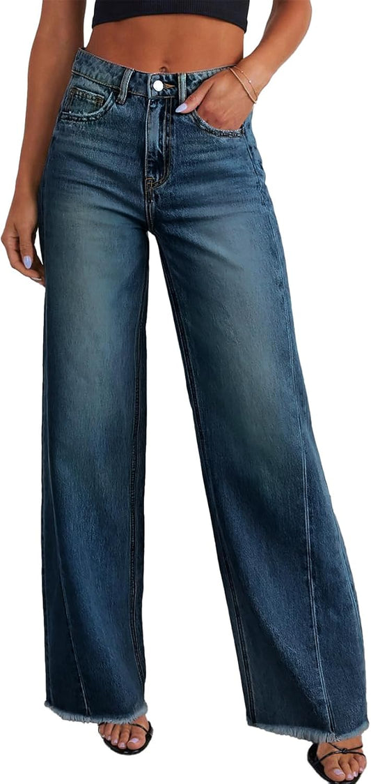 Wide Leg Jeans for Women - High Waisted Raw Hem Denim Pants