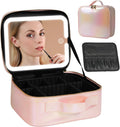 Travel Makeup Bag for Women with LED Lighted Mirror - Large PU Case
