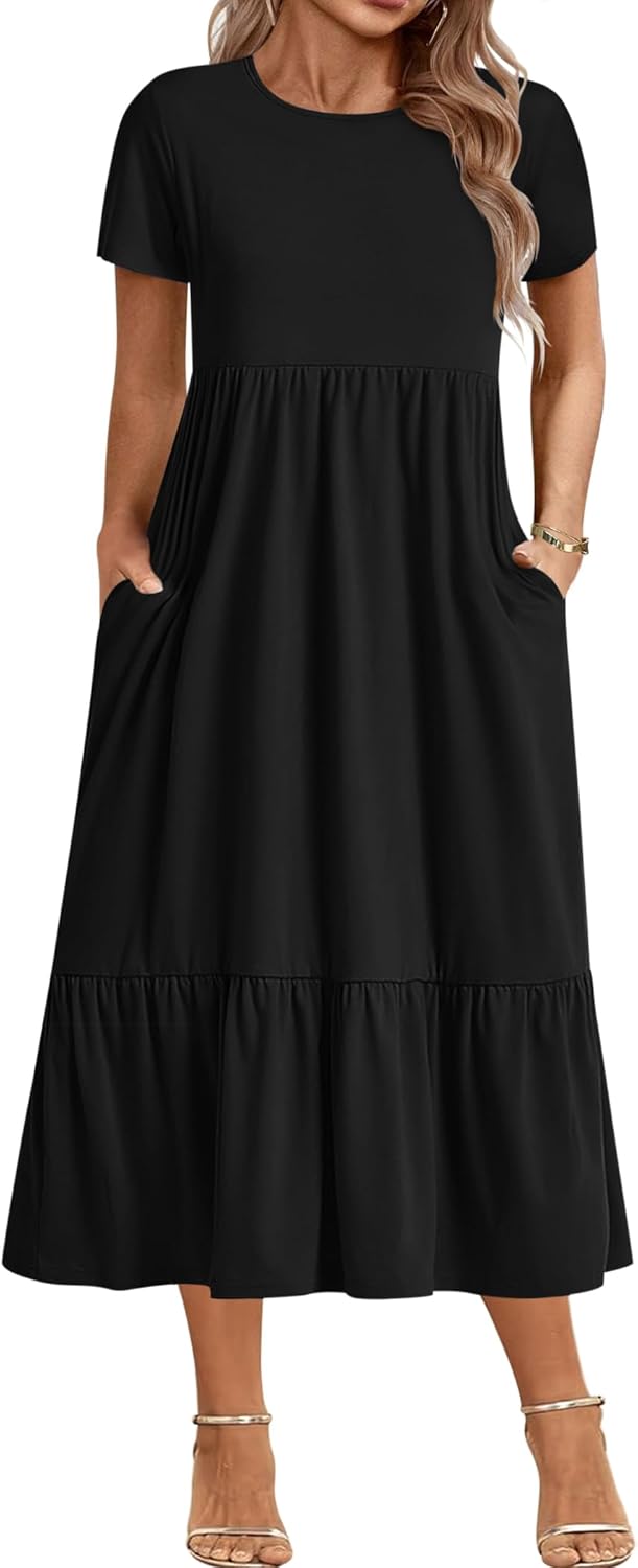 Plus Size Short Sleeve Casual Maxi Dress with Pockets for Women