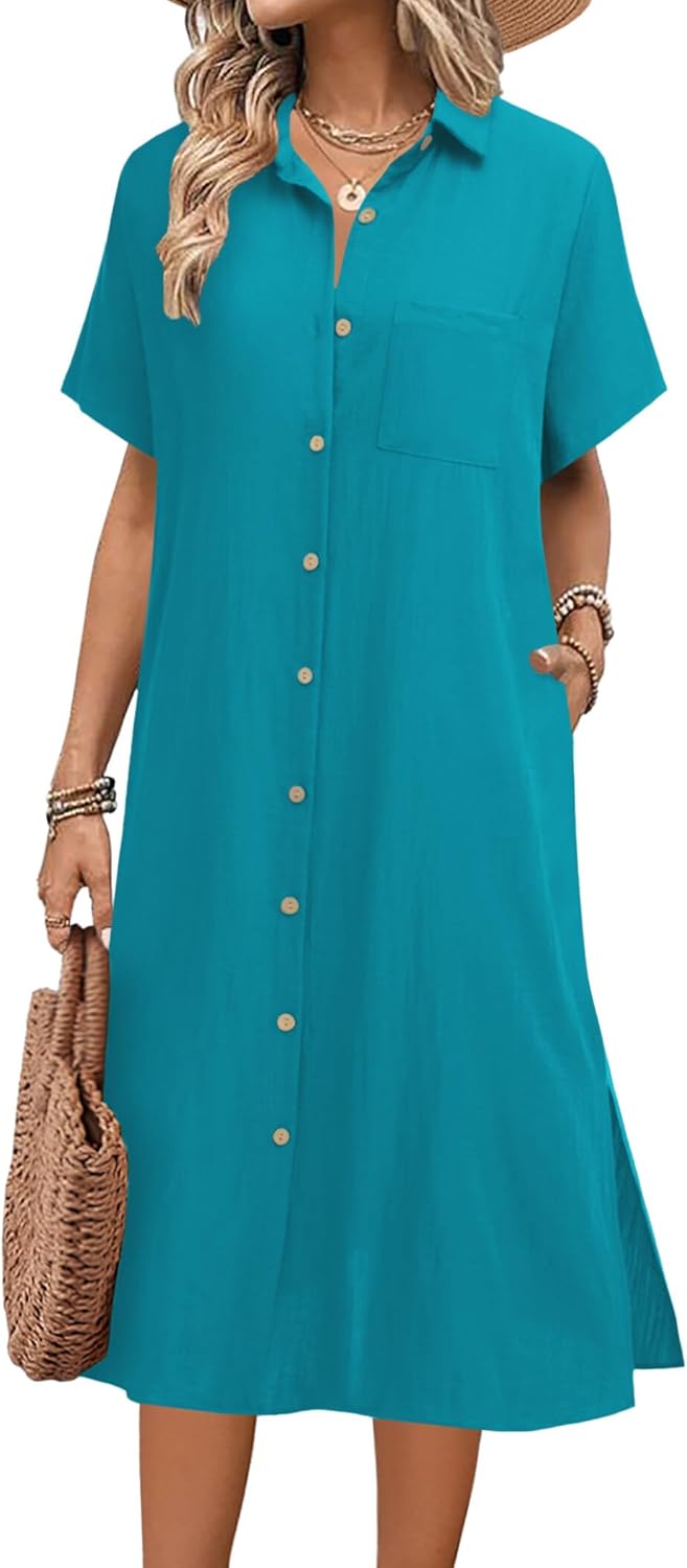 HOTOUCH Womens Summer Dress Casual Midi Short Sleeve Shirt