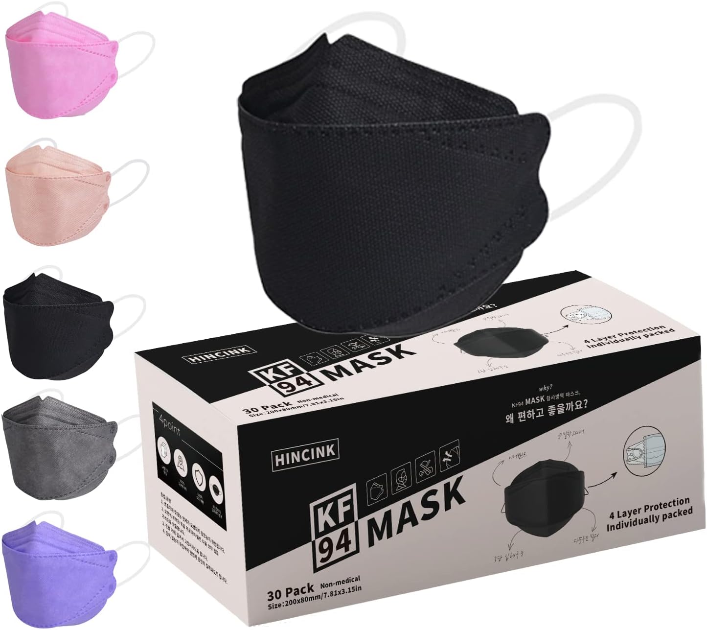 KF94 Face Masks 30 Pack 4-Ply Breathable Comfortable Safety Mask