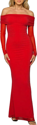 Women's Off The Shoulder Mesh Bodycon Maxi Dress - Elegant Fit