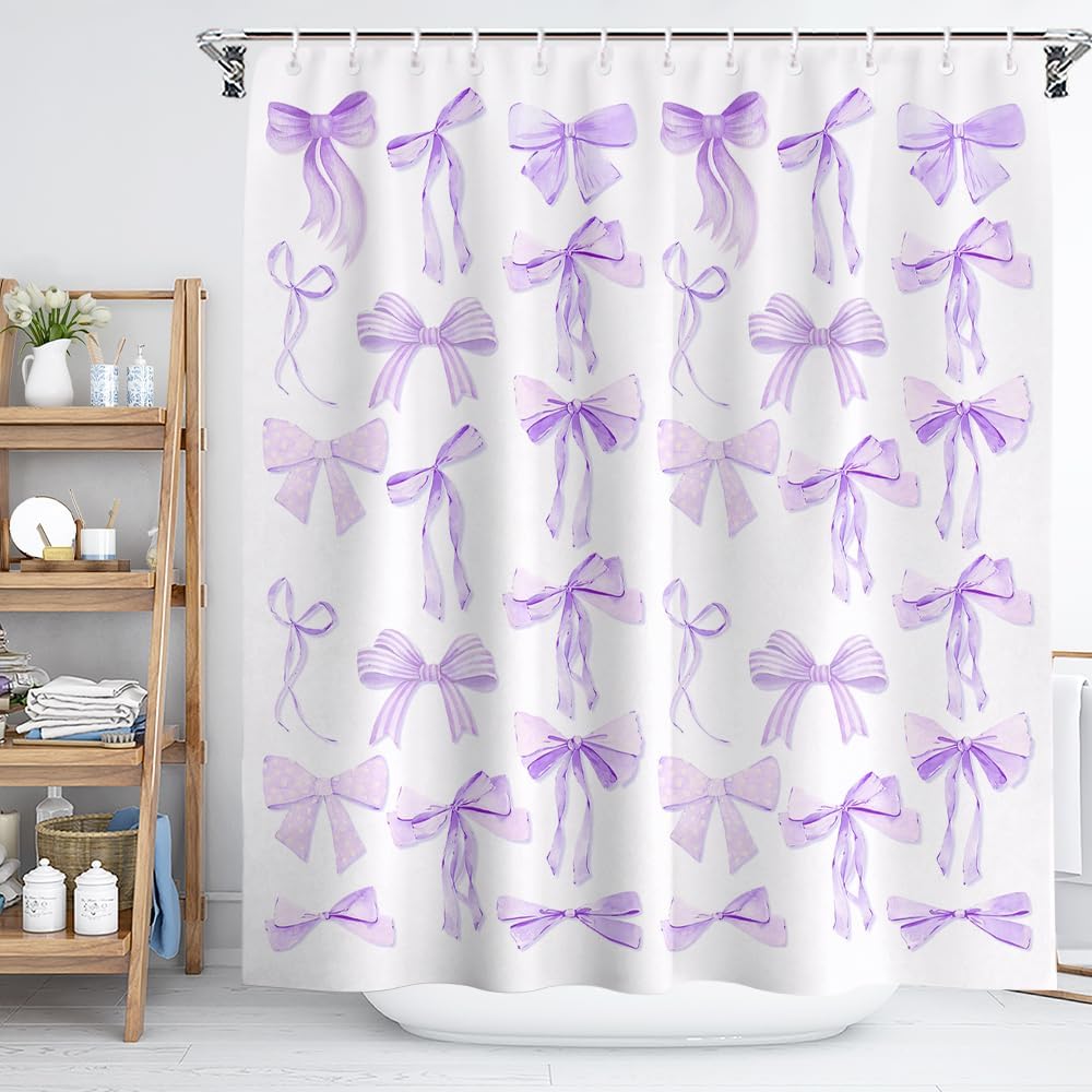 Preppy Purple Bow Shower Curtain Set - Quirky Chic Girl's Decor 72x72