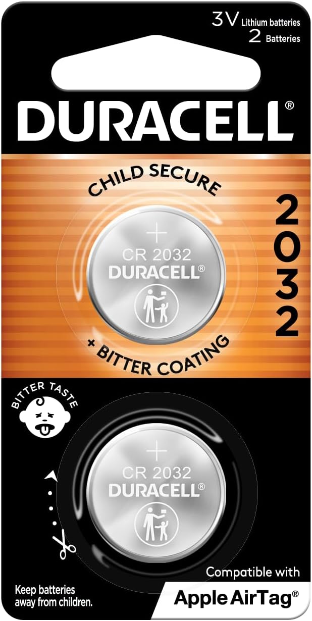 DURACELL 2032 Lithium Battery 2-Pack: Child-Safe, Compatible with Apple AirTag & More!