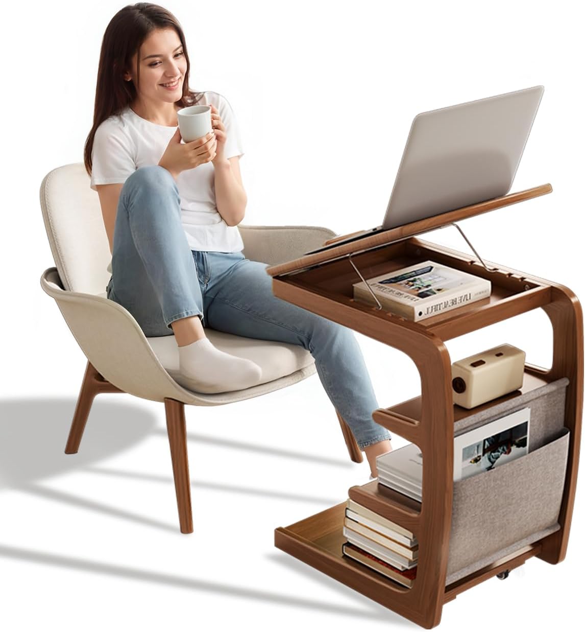C Shaped Rolling Side Table with Adjustable Desktop and Wheels