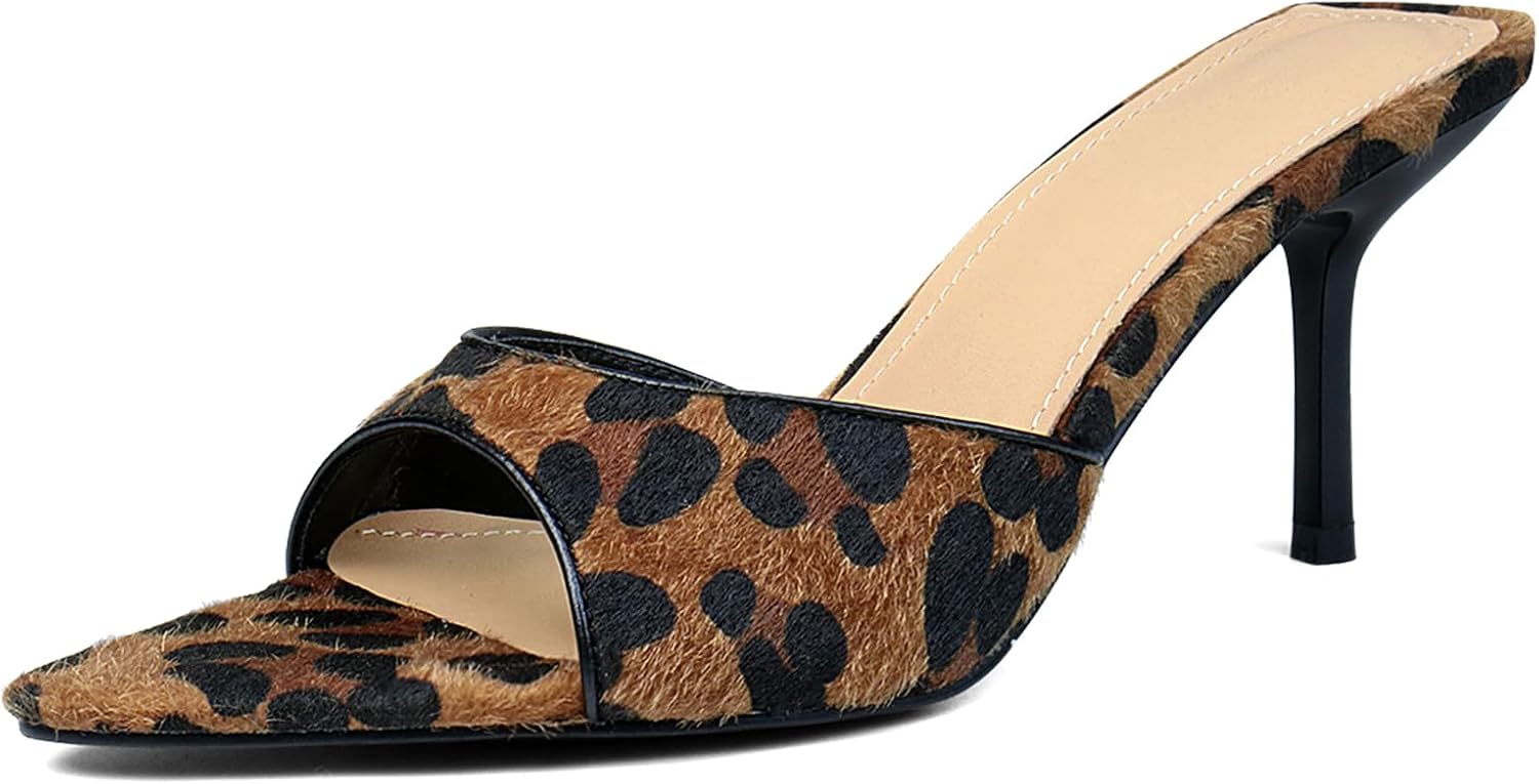 Chic Leopard Kitten Heels for Women Open Toe Mule Heels
