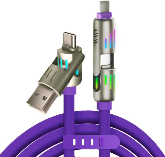 240W 4-in-1 Multi Charger Cable: PD 5A Fast Charging & Data Sync ~ Purple