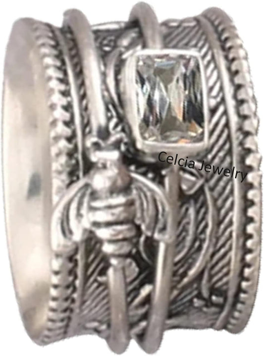 Solid 925 Sterling Silver Honey Bee Spinner Meditation Ring