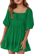 Girls Square Neck Lantern Sleeve Tie-Back Summer Mini Dress