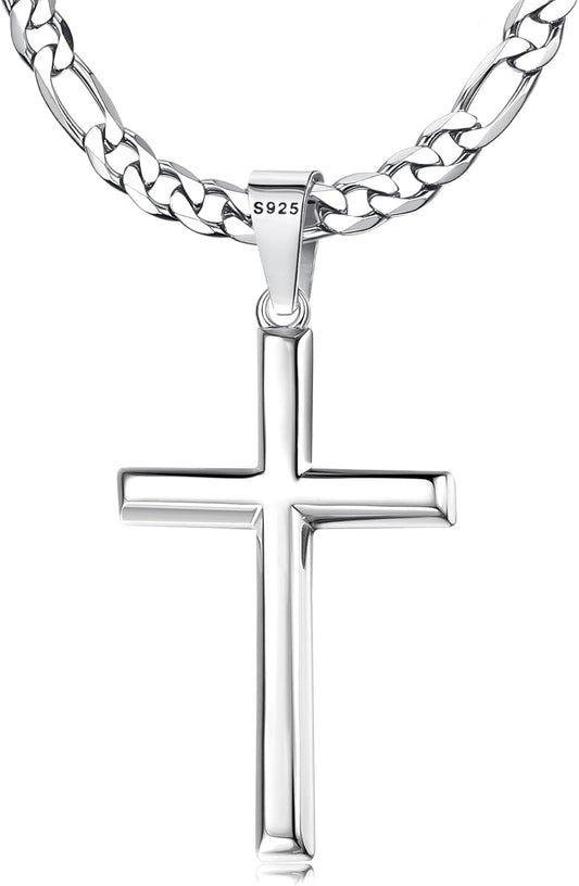 Sterling Silver Cross Necklace for Men with Figaro Chain