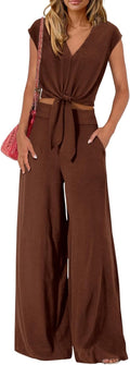 Women's Summer 2 Piece Outfits - Cap Sleeve V Neck Crop Set