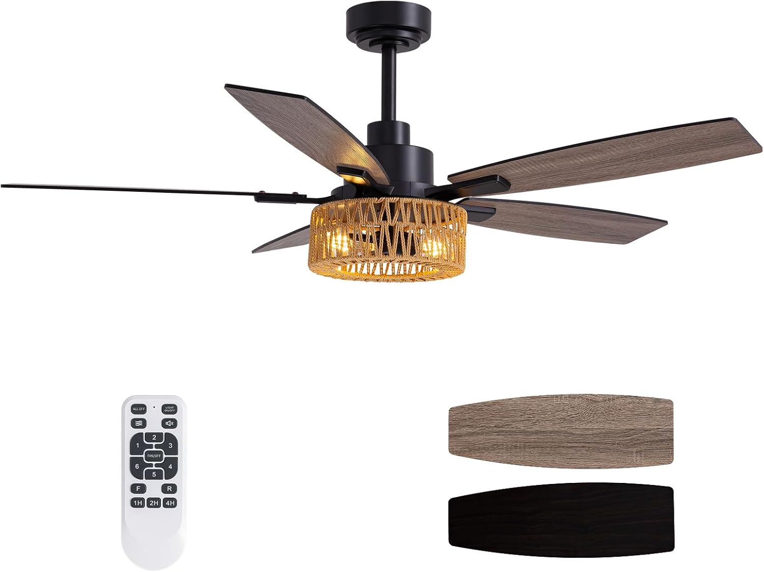 52 Inch Boho Black Rattan Ceiling Fans with Lights and Remote Control