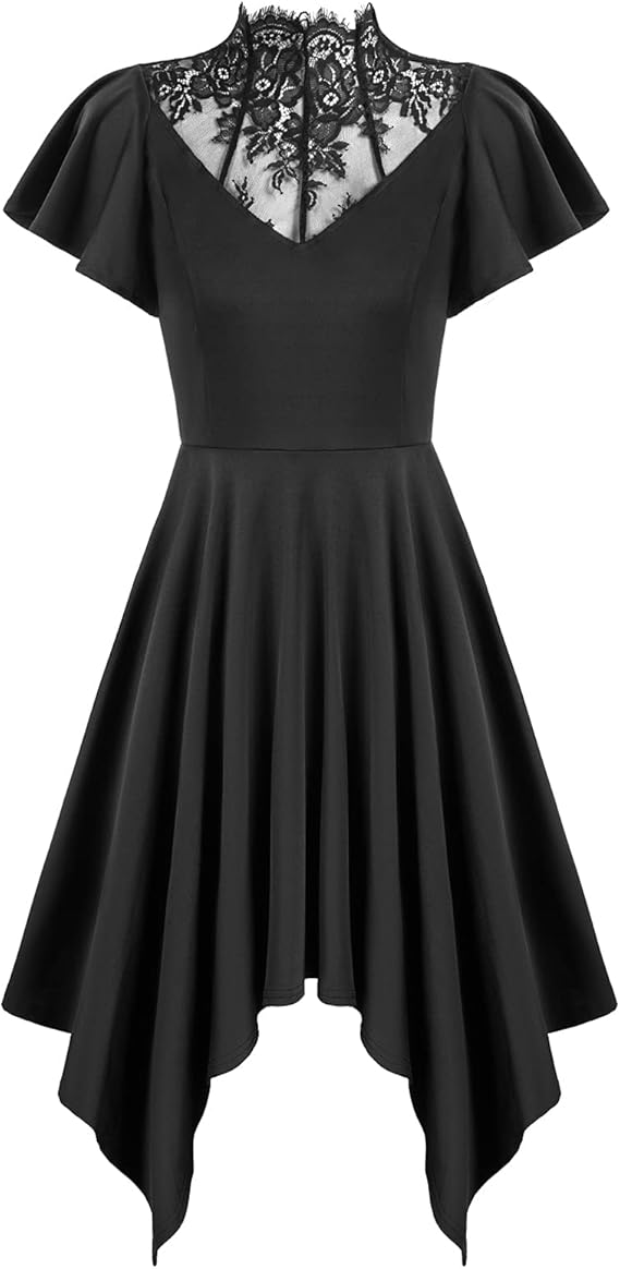 Scarlet Darkness Women's Black Goth Dresses with Lace Neckline