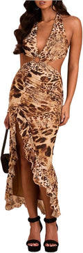 WDIRARA Women's Halter Cut Out Dress Floral Cheetah Print - Sexy