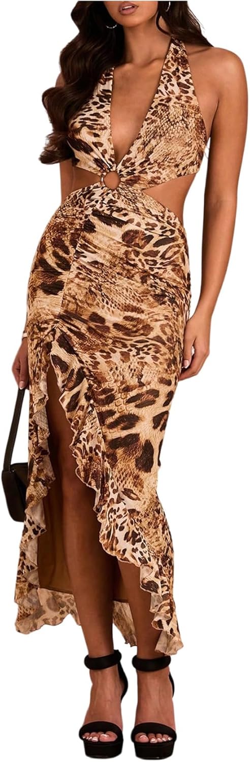 WDIRARA Women's Halter Cut Out Dress with Floral Cheetah Print