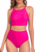 Fashionable Women's High Neck Bikini Set with Tropical Leaves