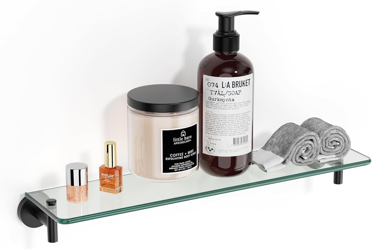 Modern 20-Inch Matte Black Floating Glass Shelves for Bathroom
