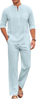 COOFANDY Men's Cotton Linen 2 Piece Cuban Henley Set - Vacation Ready