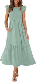 Women's Casual Maxi Dress with Pockets and Ruffle Sleeves (Style QXBS)