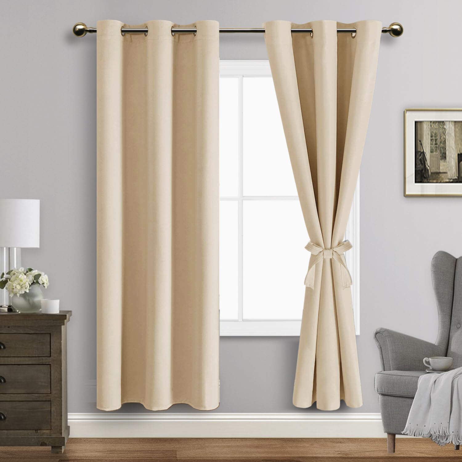 JIUZHEN Beige Blackout Curtains - Thermal Insulated Grommet Panels
