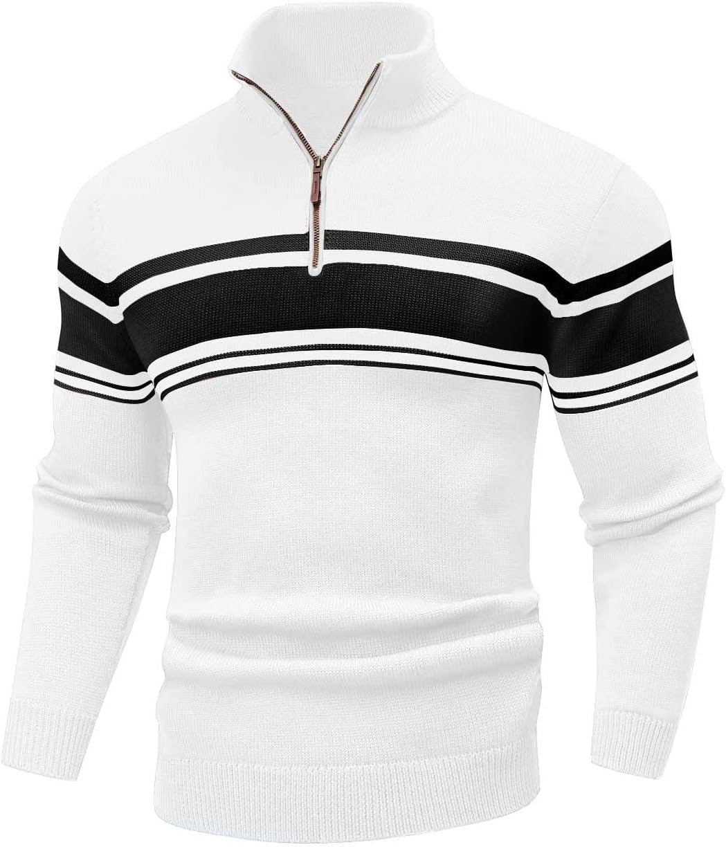 Mens Quarter Zip Sweater Casual Striped Long Sleeve Warm Pullover