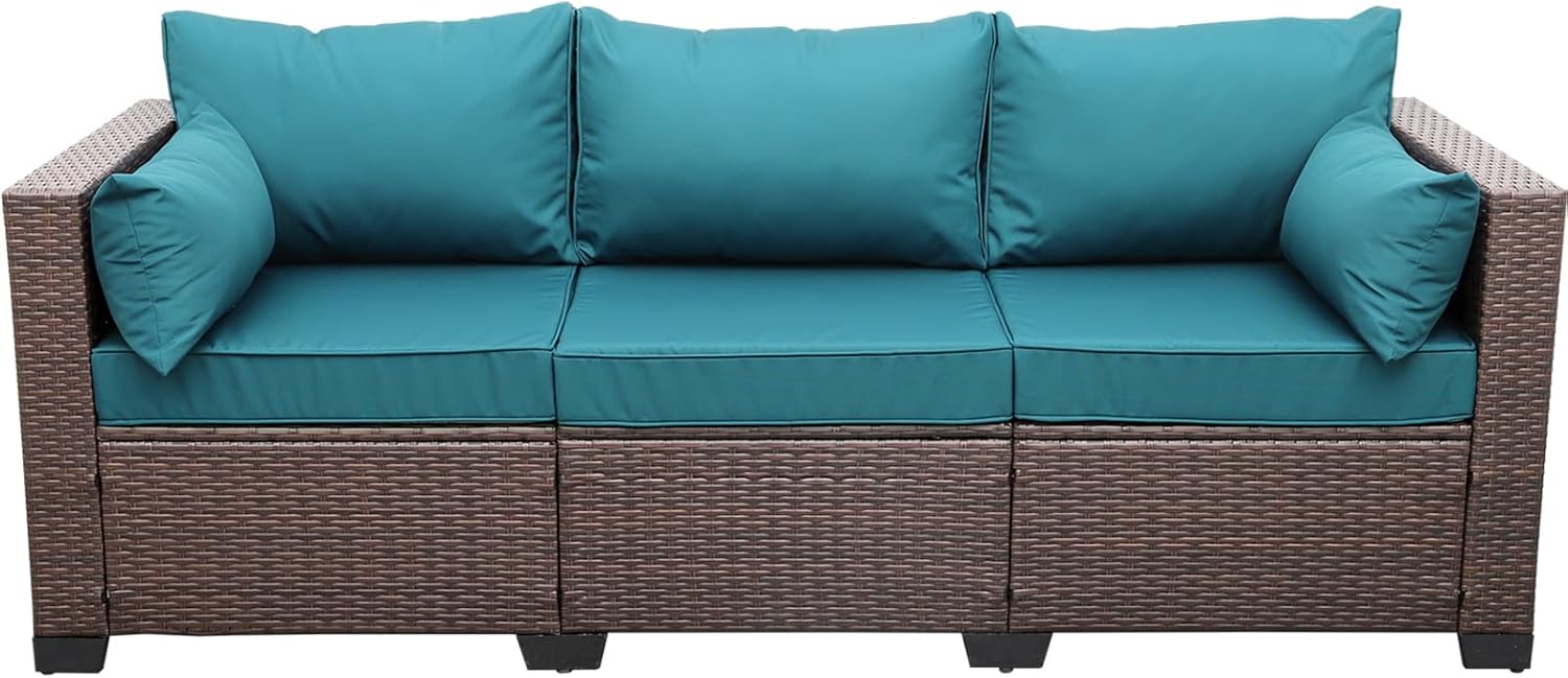 WAROOM Patio Couch PE Wicker 3-Seat Outdoor Sofa with Cushions